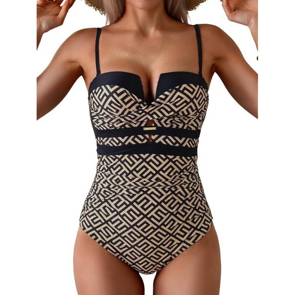 Eomenie Womens Geometric Push Up One Piece Swimsuit‎ Black Tan Ruched Size M NWT